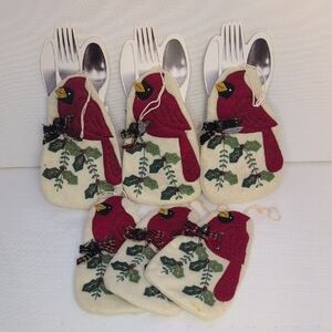 Cracker Barrel Cardinal Christmas Silverware Holder Bags w/Bells Set Of 6